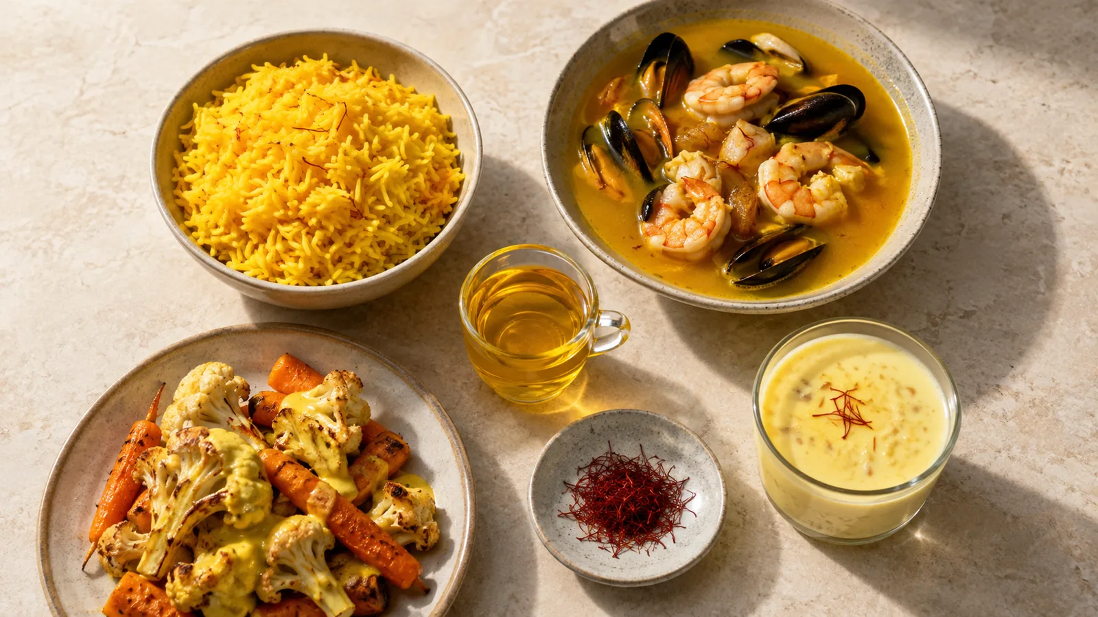 Saffron rice, seafood broth, vegetables and milk pudding