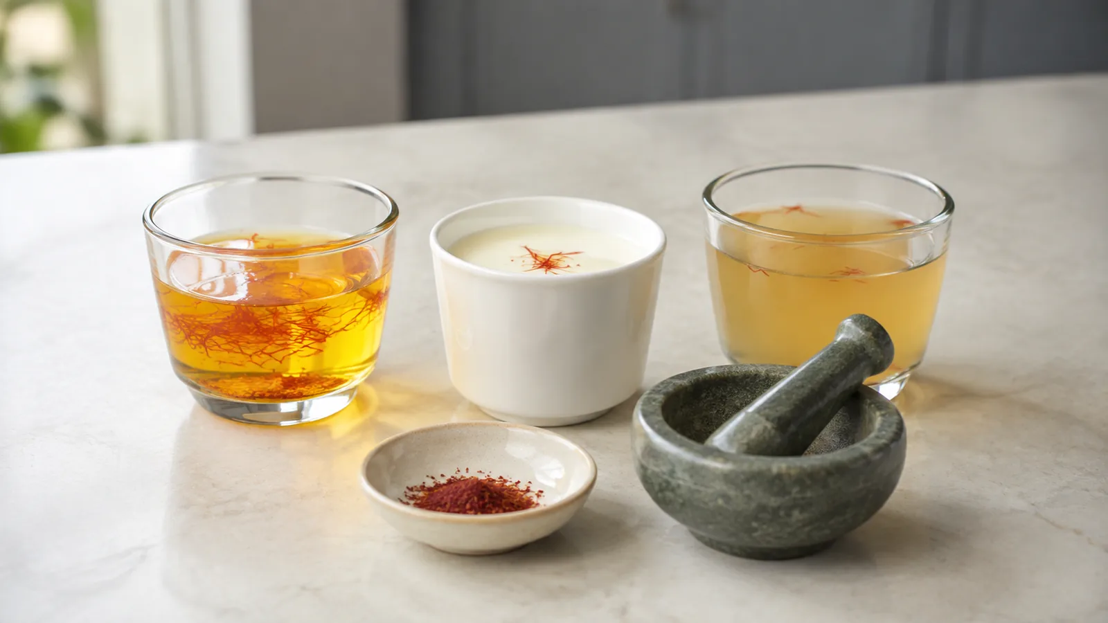 Saffron blooming in warm water, milk and light stock