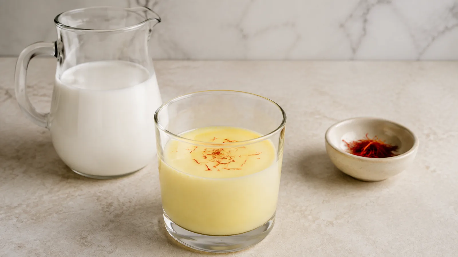 Saffron threads releasing a pale golden color into warm milk