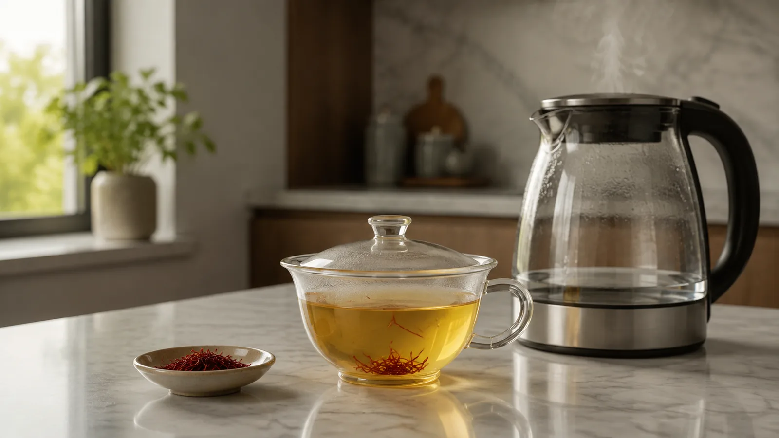 Golden saffron tea steeping beside a hot-water kettle