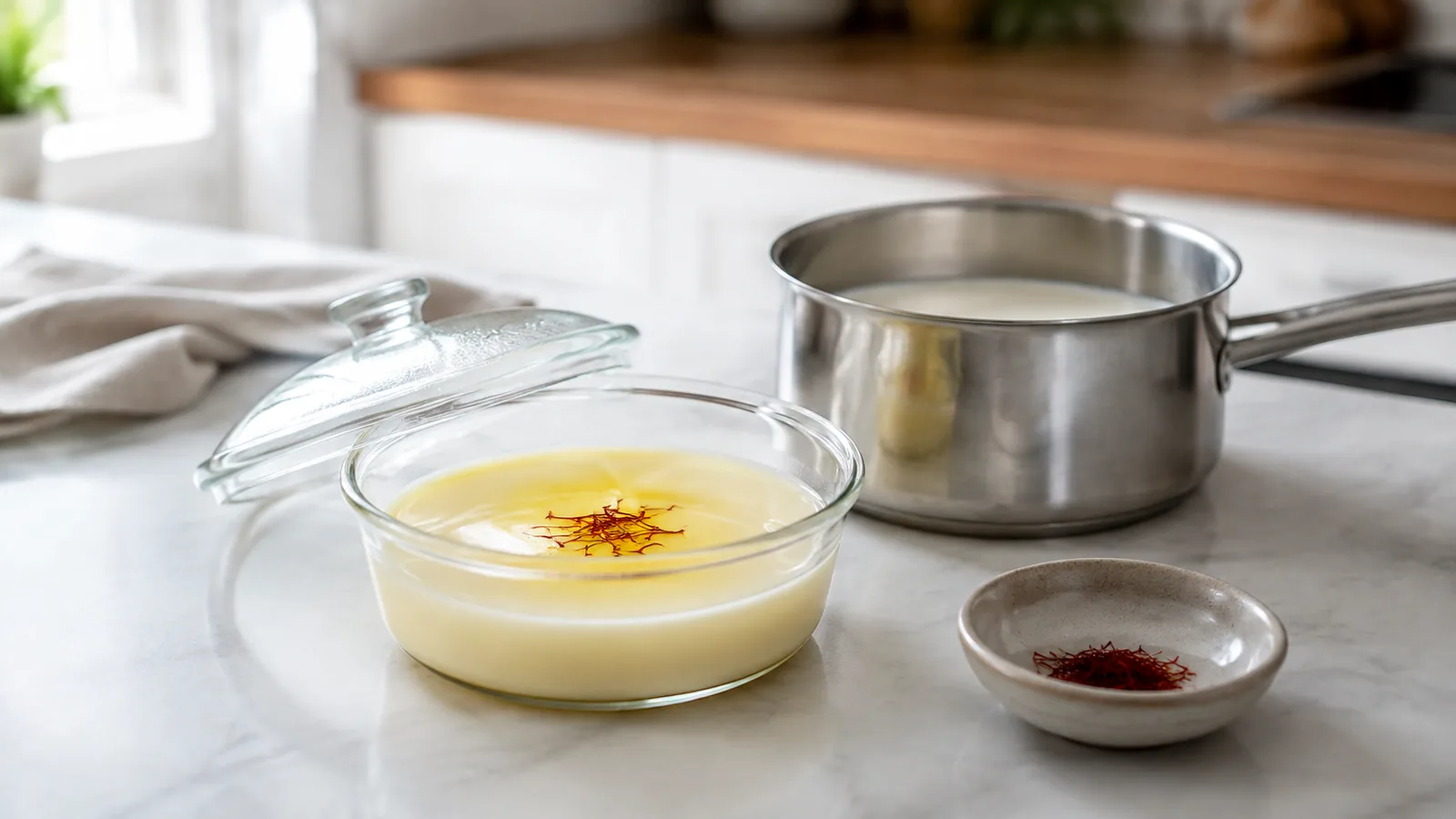 Saffron threads infusing warm milk in a glass bowl