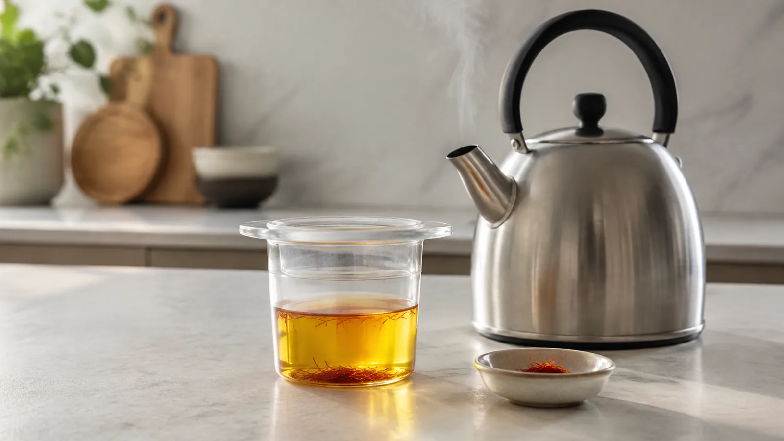 Golden saffron water infusion beside a hot-water kettle
