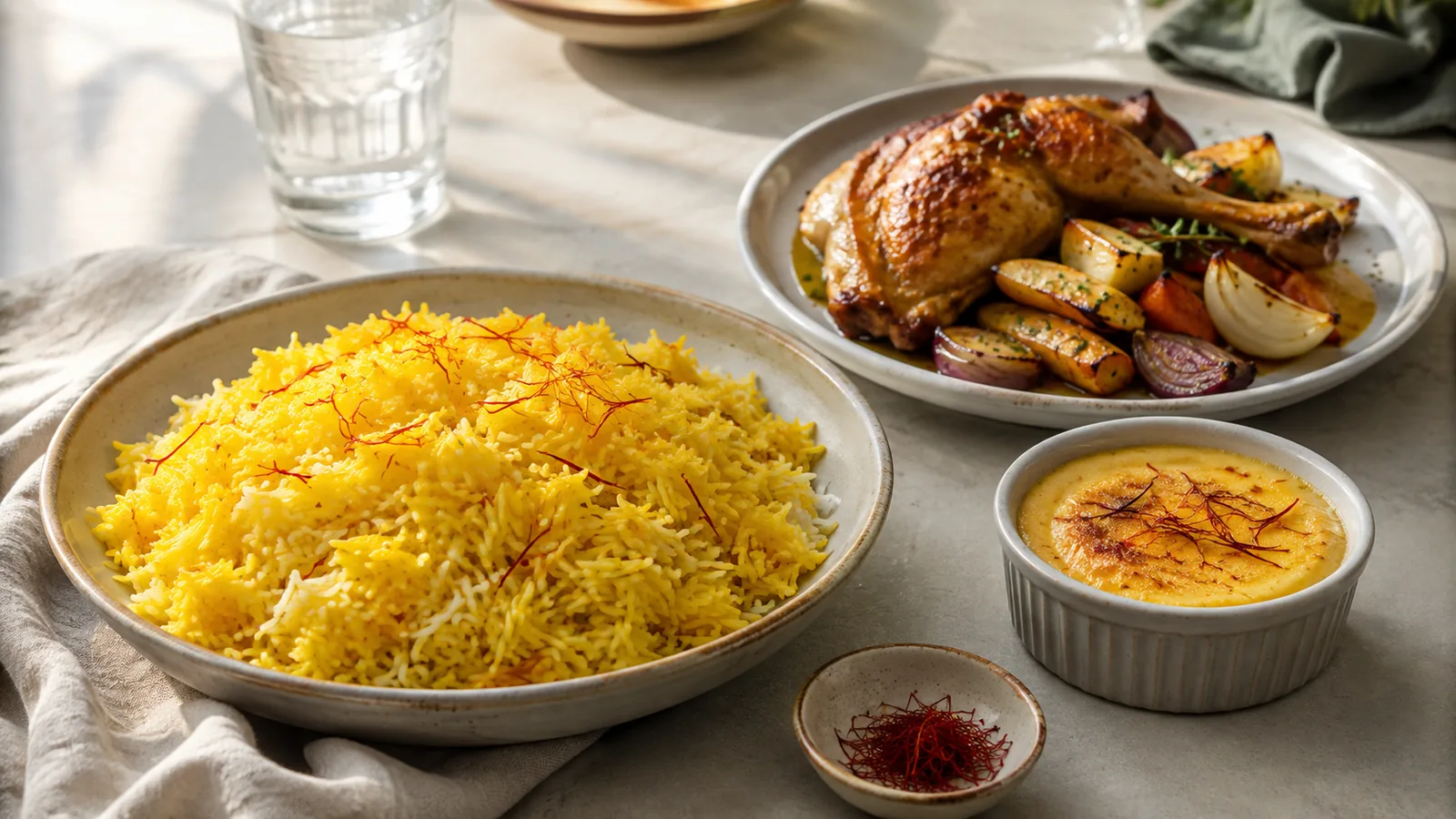 Saffron rice with roasted chicken vegetables and saffron custard