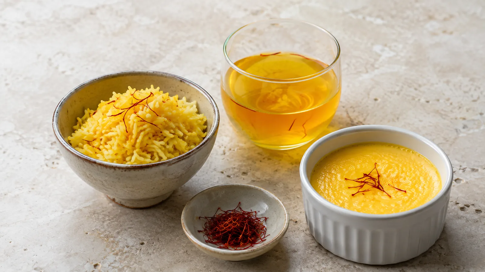 Saffron rice broth and custard showing savoury and sweet uses