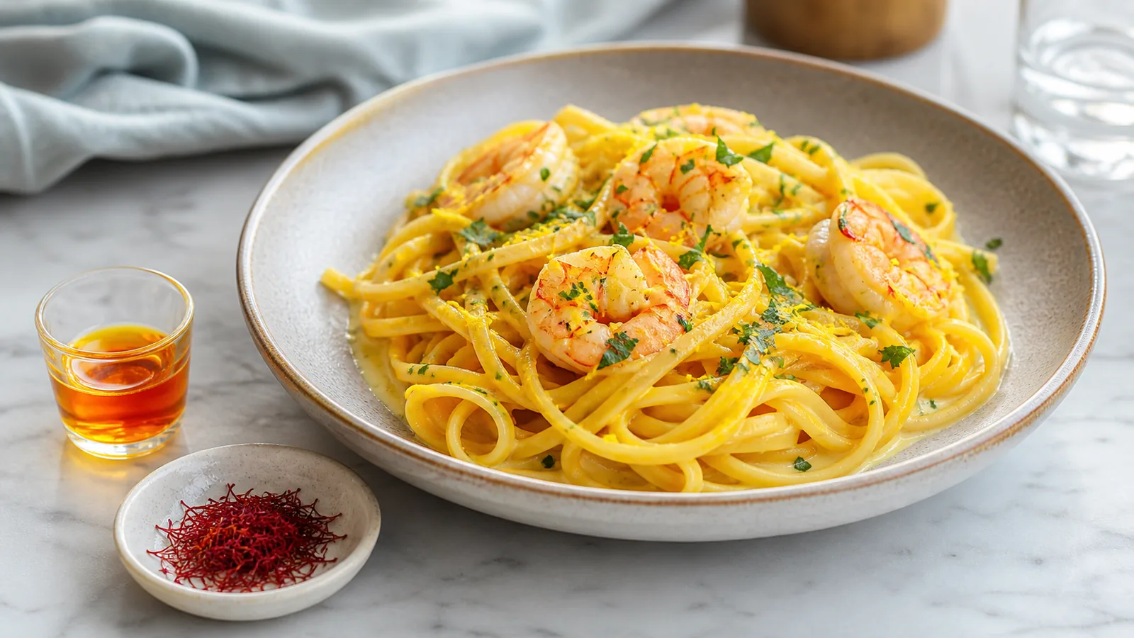 Golden saffron linguine with prawns and a saffron infusion