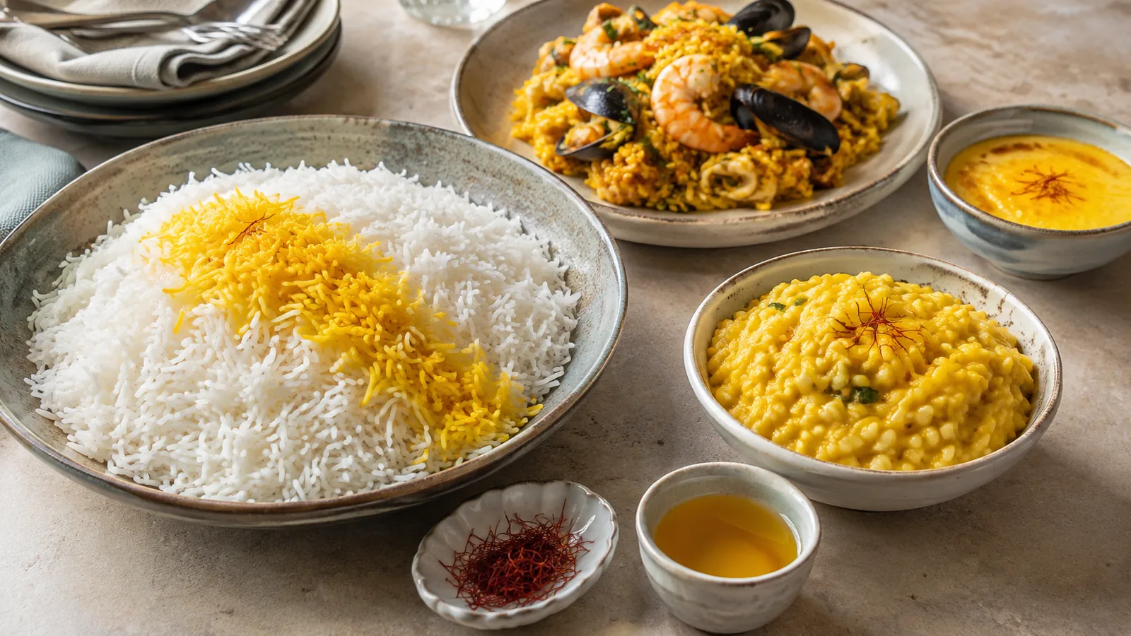 Persian saffron rice with risotto seafood rice and saffron custard