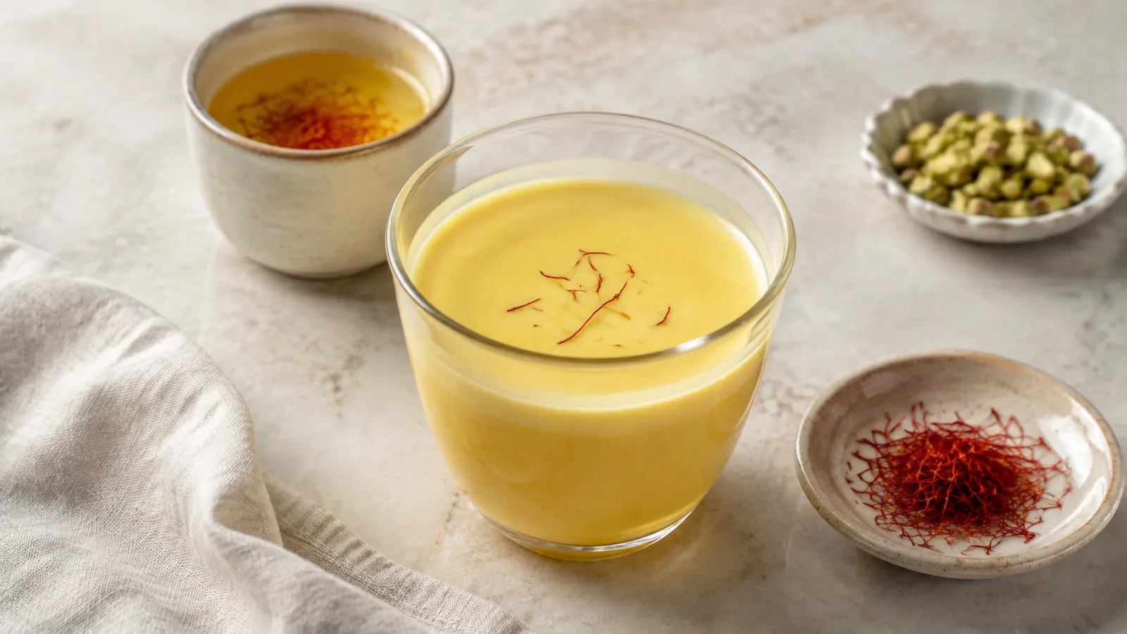 Golden saffron milk with bloomed saffron and crimson threads