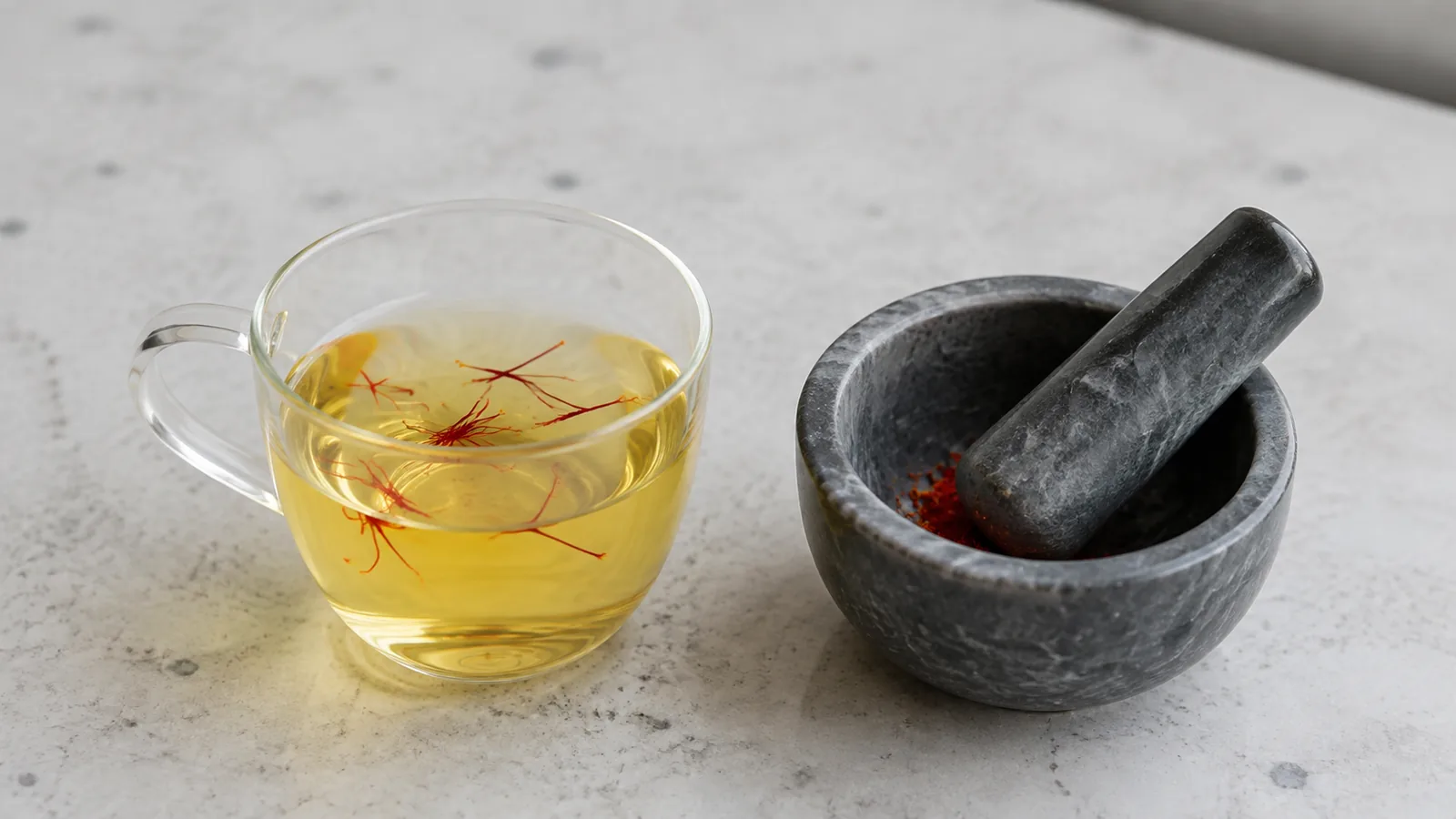 Golden saffron infusion with crimson threads and a small mortar