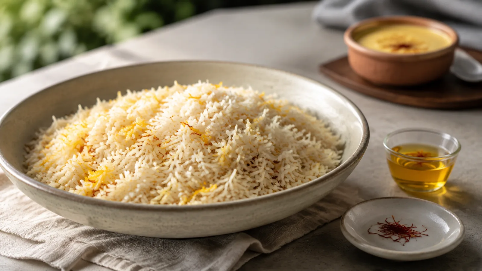 Saffron rice with a small golden infusion and crimson threads