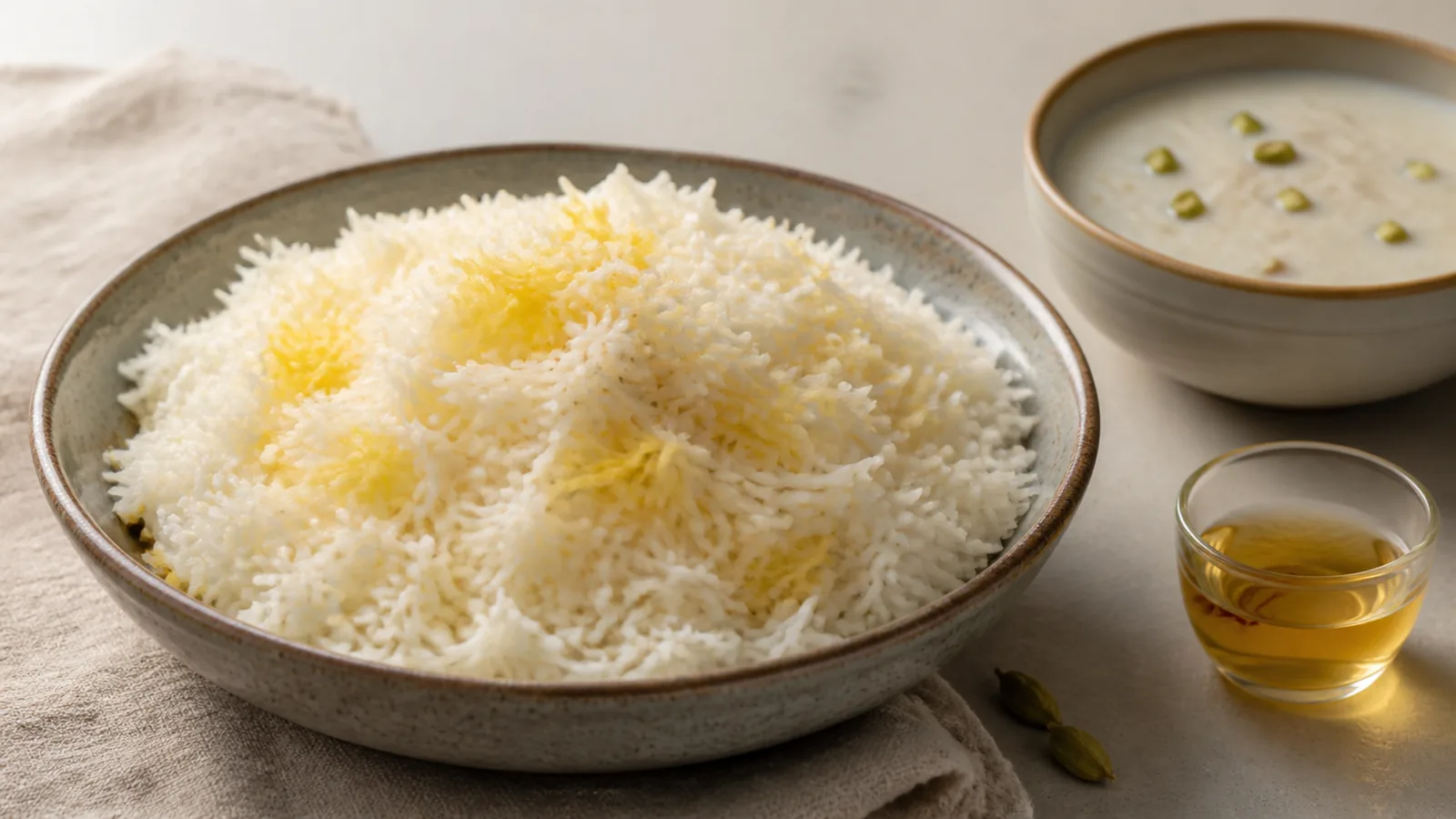 Indian-style saffron rice with kheer and a small golden infusion
