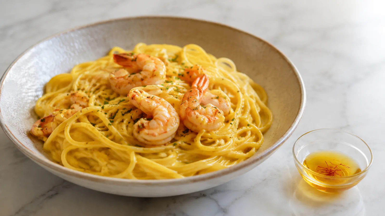 Saffron cream pasta with shrimp and a small golden infusion