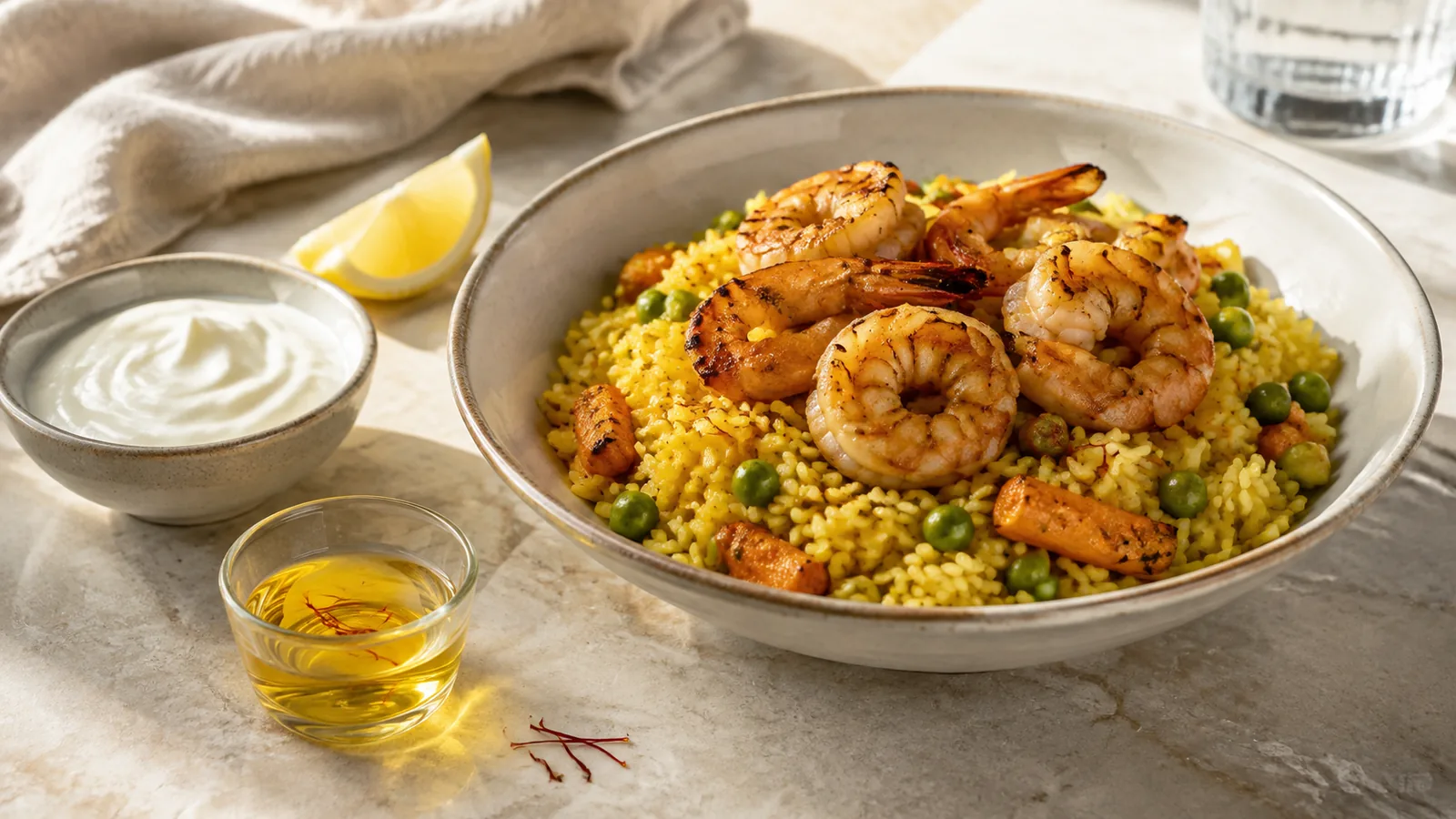 Saffron rice with shrimp vegetables yoghurt and a small infusion