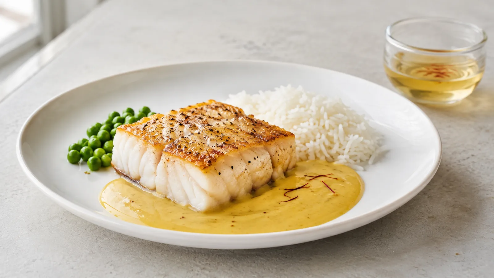 White fish with saffron cream sauce rice and peas