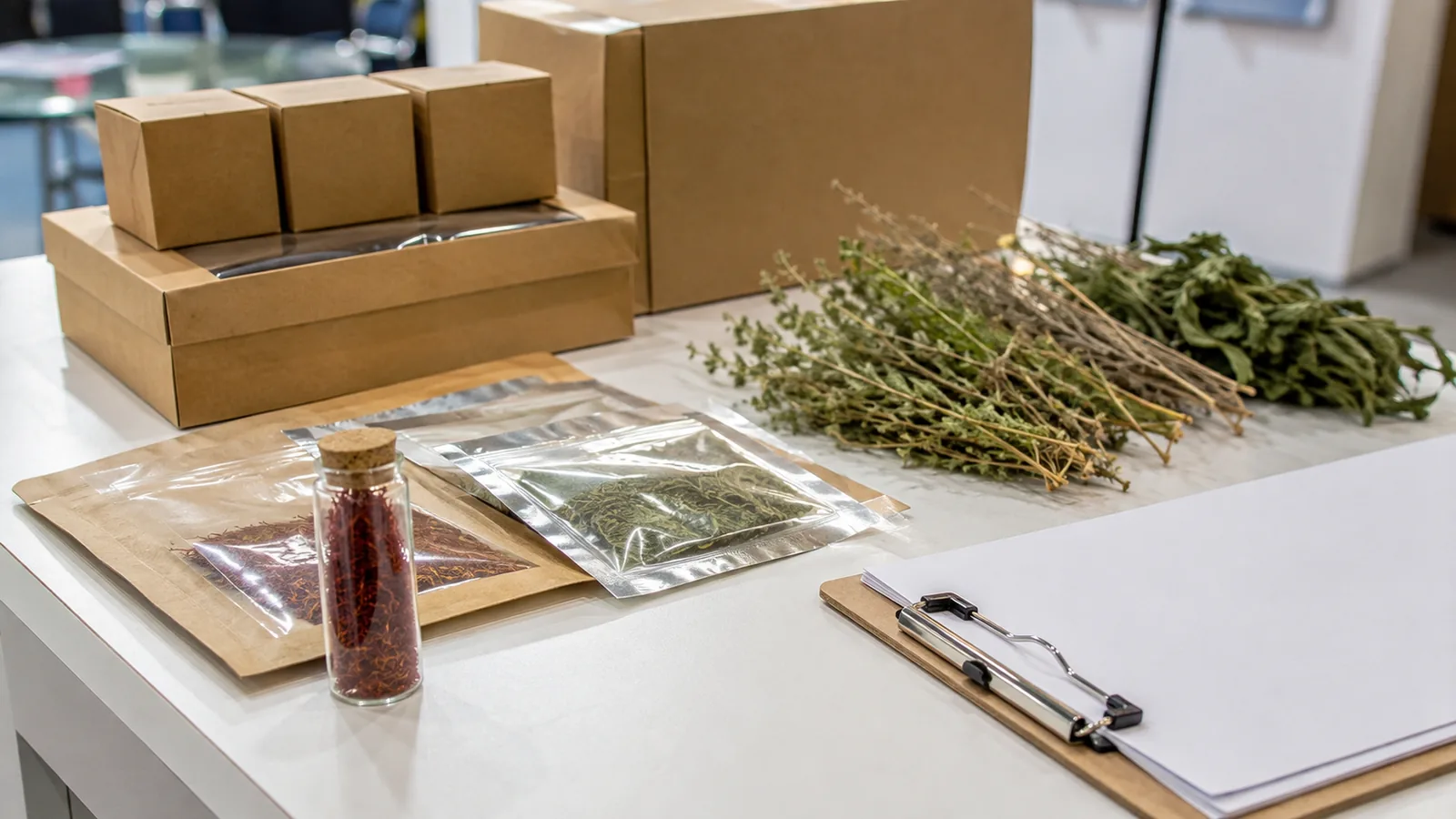 Saffron and dried medicinal plants displayed with export packaging