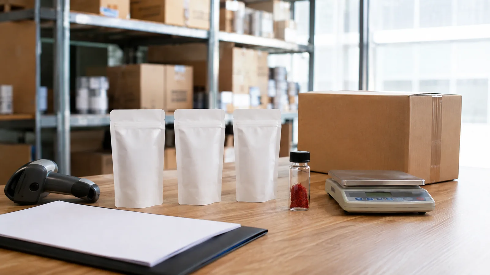 Three small export pouches, saffron sample, scale and shipping carton