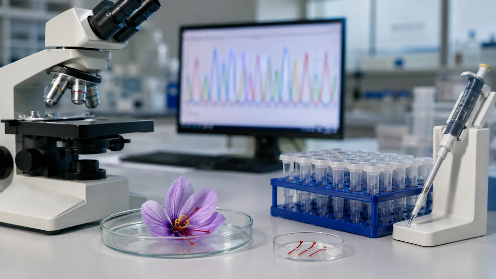 Saffron flower and stigmas beside molecular genetics laboratory equipment