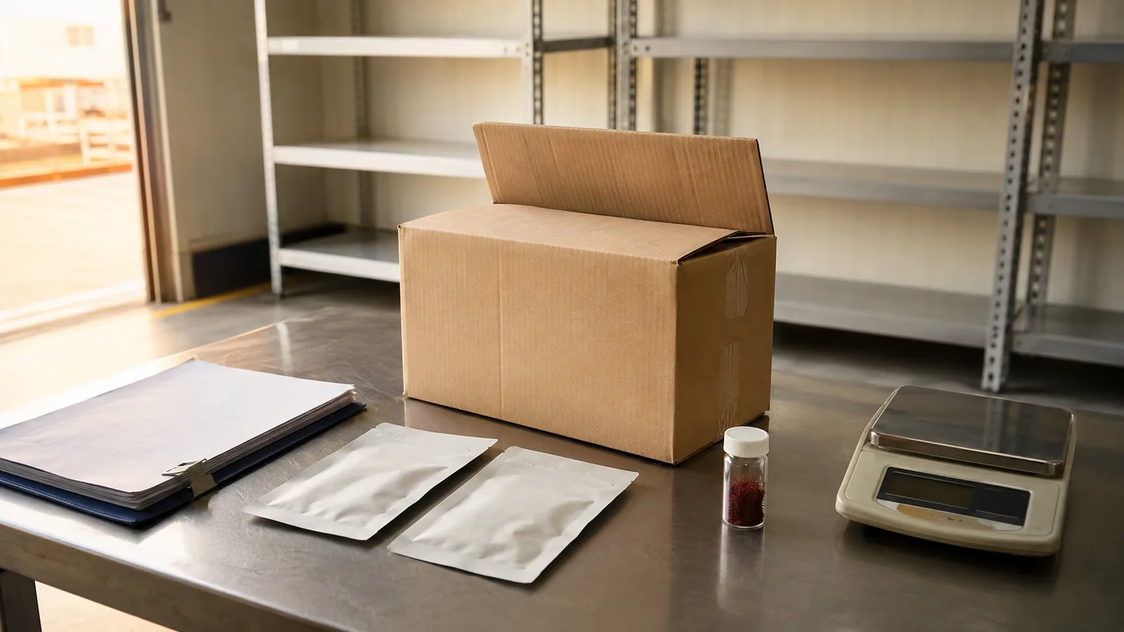 Small saffron export packs and inspection sample on a quiet warehouse desk