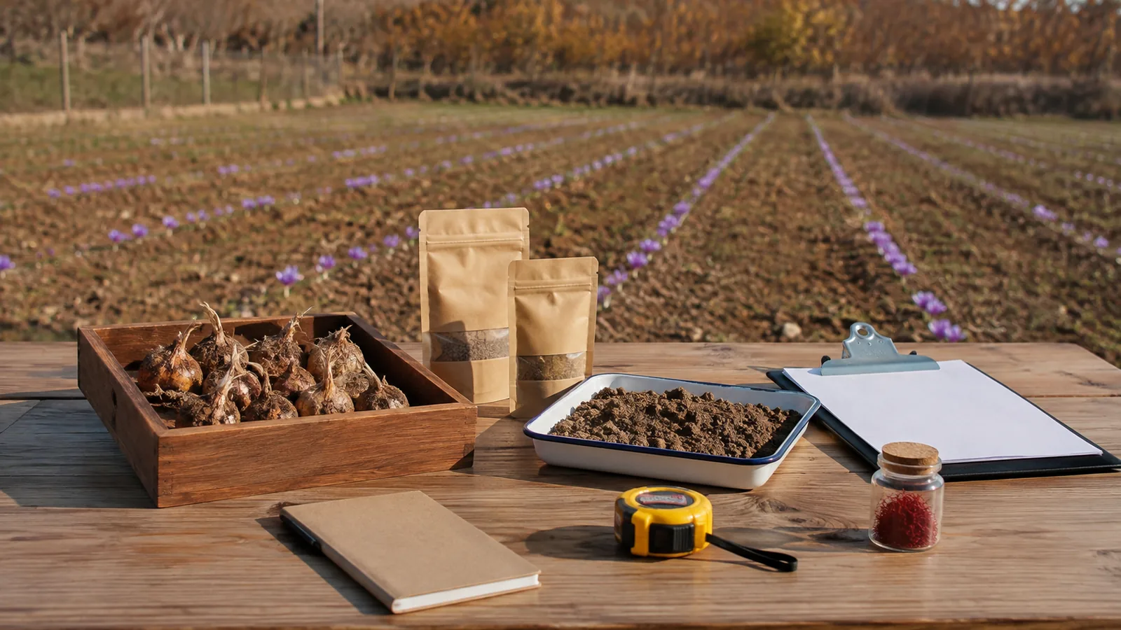 Saffron corms and field-planning tools beside a saffron field
